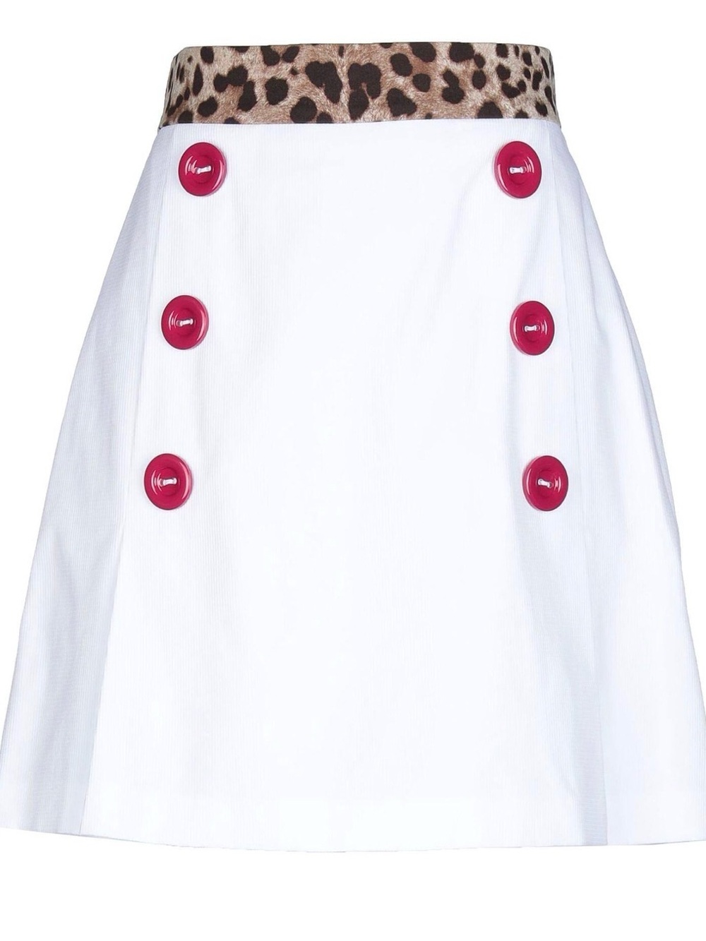Dolce & Gabbana White A-Line Skirt with Leopard Waistband and Red Buttons